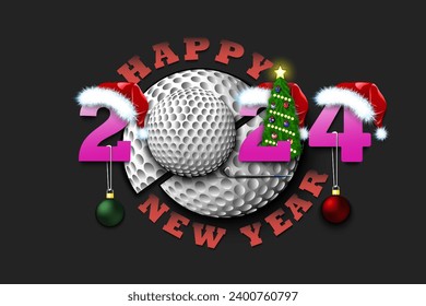 Happy new year. 2024 with golf ball. Numbers in Christmas hats with Christmas tree and balls. Original template design for greeting card. Vector illustration on isolated background