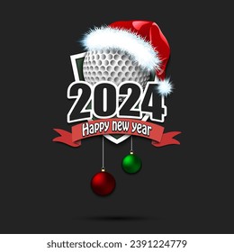 Happy new year 2024. Golfl logo template design. Golf ball in santa hat. Design pattern for greeting card, banner, poster. Vector illustration on isolated background