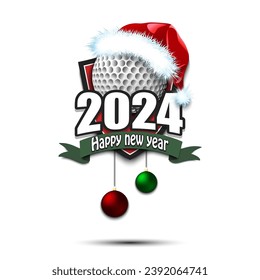 Happy new year 2024. Golfl logo template design. Golf ball in santa hat. Design pattern for greeting card, banner, poster. Vector illustration on isolated background