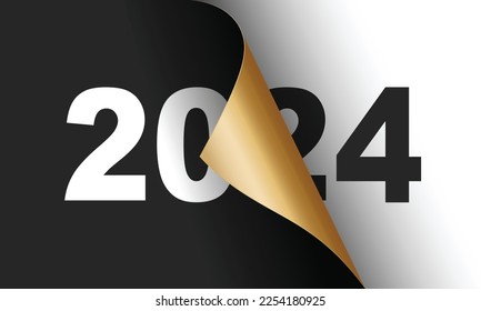 Happy New Year 2024 greeting card design template. End of 2023 and beginning of 2024. The concept of the beginning of the New Year. The calendar page turns over and the new year begins.