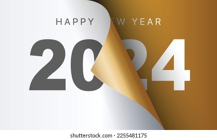 Happy New Year 2024 greeting card design template. End of 2023 and beginning of 2024. The concept of the beginning of the New Year. The calendar page turns over and the new year begins.