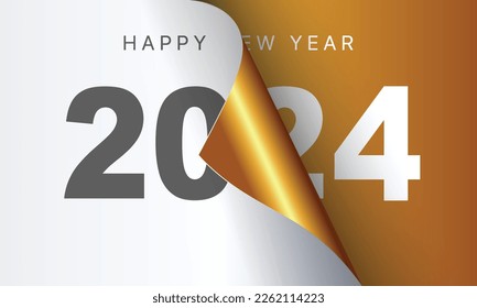 Happy New Year 2024 greeting card design template. End of 2023 and beginning of 2024. The concept of the beginning of the New Year. The calendar page turns over and the new year begins.