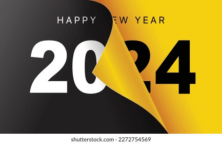 Happy New Year 2024 greeting card design template. End of 2023 and beginning of 2024. The concept of the beginning of the New Year. The calendar page turns over and the new year begins.