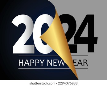 Happy New Year 2024 greeting card design template. End of 2023 and beginning of 2024. The concept of the beginning of the New Year. The calendar page turns over and the new year begins.