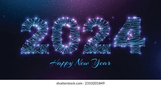 Happy new year 2024 greeting card. Low poly style design. Numbers from a polygonal wireframe mesh. 
Abstract vector illustration on dark background.