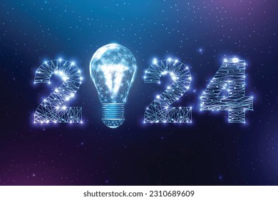 Happy new year 2024 greeting card. Low poly style design. Numbers from a polygonal wireframe mesh. Abstract vector illustration on dark background.