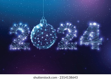 Happy new year 2024 greeting card. Low poly style design. Numbers from a polygonal wireframe mesh. Abstract vector illustration on dark background.