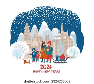 Happy new year 2024 greeting card. Winter illustration, family with a child and a dog, walking on the background of a snowy landscape. Christmas themed invitations. Winter background.  Vector 