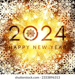 Happy New Year 2024 greeting card design on glowing abstract background with glittering confetti elements and snowflakes Golden New Year celebration banner Holiday party decoration vector illustration