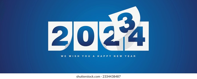 Happy New Year 2024 greeting card design template on blue background. New Year 2024 start concept. Calendar pages turn in the wind and the new year begins