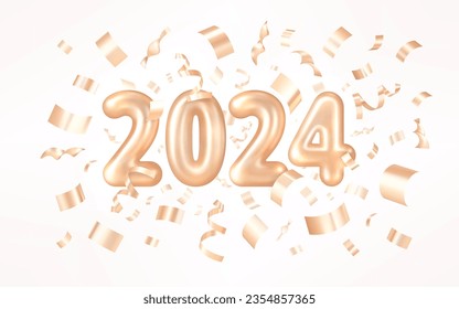Happy New Year 2024 greeting card. Gold Number 2024 from balloons with golden confetti isolated on white background. Festive decor. Modern decoration. Realistic 3d vector illustration