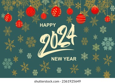 Happy New Year 2024 greeting card, banner. Christmas red baubles, ornaments, snowflakes, hand written calligraphy text 2024 on dark green background. Horizontal typography design, vector illustration