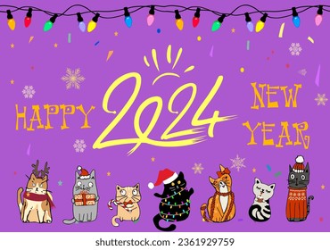 Happy New Year 2024 greeting card, background, banner with Christmas lights, cute funny cats wearing Santa hat, ugly sweater, holding gift, candy cane and hand writing text. Vector flat illustratio