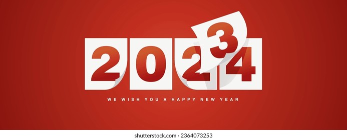 Happy New Year 2024 greeting card design template on red background. New Year 2024 start concept. Calendar pages turn in the wind and the new year begins