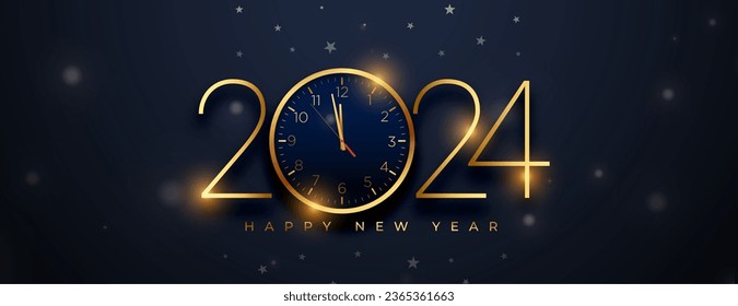 happy new year 2024 greeting banner with golden clock design vector