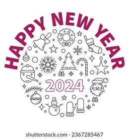 Happy New Year 2024 Greeting Card or Banner in outline style - vector december holidays illustration