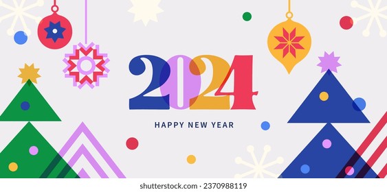 Happy New Year 2024 greeting banner. Trendy modern design with 2024 typography, Christmas tree, confetti, snowflake, Christmas balls. Horizontal poster, greeting card.
