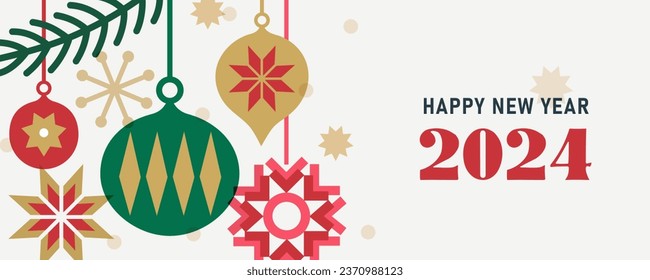 Happy New Year 2024 greeting banner. Trendy modern geometric design with Christmas balls and decorations in gold, red, green colors. Horizontal poster, greeting card. 