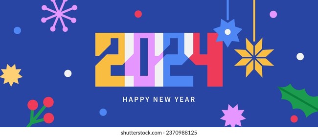 Happy New Year 2024 greeting banner. Trendy modern minimalist design with 2024 typography, holly, confetti, snowflake, Christmas balls. Horizontal poster, greeting card. 