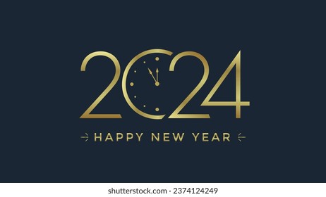 Happy New Year 2024 greeting card design with golden clock on dark background.