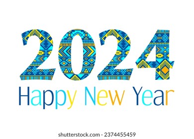 Happy New Year 2024 greeting banner. Number with norwegian geometrich ethnic pattern. Trendy blue yellow 2024 colors. Happy New Year text colorful design. Lettering in ethnic style. Calendar title.
