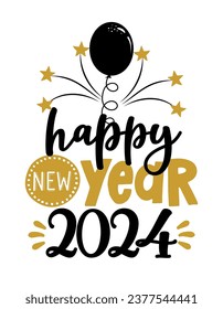 Happy New Year 2024 - Greeting card. Modern brush calligraphy. Isolated on white background. Hand drawn lettering for Xmas greetings cards, invitations. Good for t-shirt, mug, gifts. 