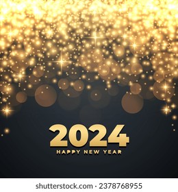 Happy New Year 2024 greeting card with golden glittering sparks. 2024 New Year bright festive holiday background. Vector illustration.