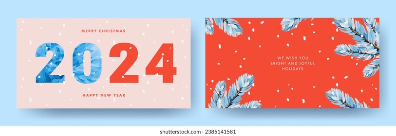 Happy New Year 2024 greeting card, poster, holiday cover. Modern Xmas design in blue, red, pink and white colors with drawn pine branches, frozen ice and brush painted snow. Bright Winter holidays