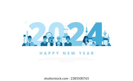 Happy new year 2024 greeting concept with medical professionals such as doctors, nurses and medical assistants. Suitable for hospitals, clinics or any other healthcare and pharmaceutical company