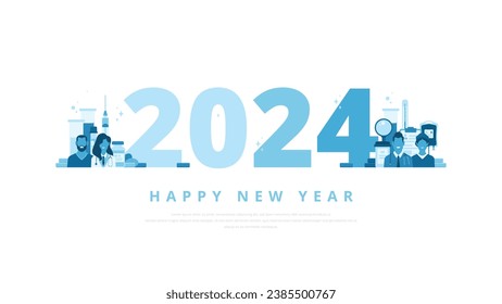 Happy new year 2024 greeting concept with medical professionals such as doctors, nurses and medical assistants. Suitable for hospitals, clinics or any other healthcare and pharmaceutical company