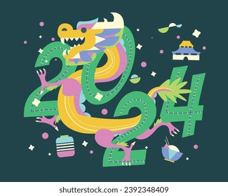 Feliz Año Nuevo 2024. Tarjeta de saludo con dragón. Ilustración del vector