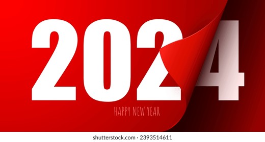 Happy New Year 2024 greeting card design template. Calendar page turns over. Vector illustration