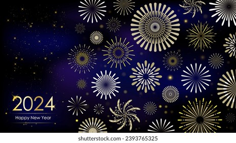 Happy new year 2024 greeting card with gold fireworks on blue background