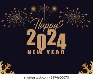 Happy New Year 2024 Greeting card . Beautiful holiday web banner or billboard with white sparkling text Happy New Year 2024 written sparklers on festive firework background