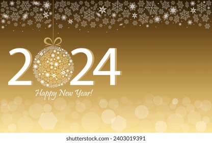 Happy New Year 2024 greeting gold design. Vector illustration with date 2024 and text "Happy New Year", snowflakes and bokeh light
