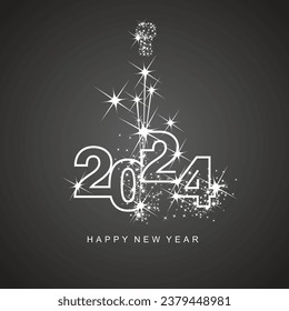 Happy New Year 2024 greetings firework white line design numbers white black color background