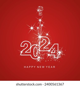 Happy New Year 2024 greetings firework white line design numbers white red color background