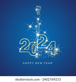 Happy New Year 2024 greetings firework gold line design numbers golden white blue color background