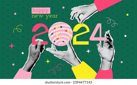 Happy New Year 2024 halftone paper stickers collage. Vector illustration with halftone hands holding number 2024 with disco ball. Retro New Year banner for decoration card, poster, party.