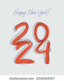 Happy new year 2024 hand drawn minimalistic poster design, vector illustration