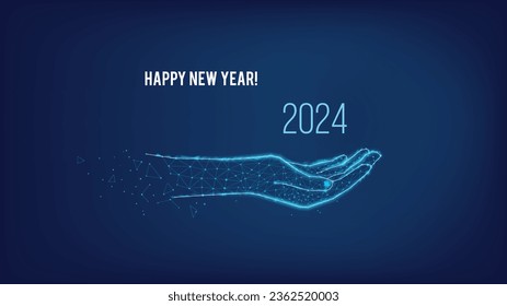 Happy New Year 2024 in hand from triangles and points on dark blue background.