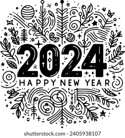 Happy New Year 2024 hand lettering in doodle style. Vector illustration.