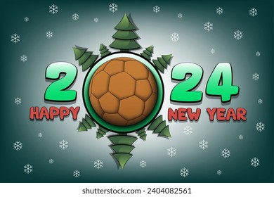 Happy new year. 2024 with handball ball and Christmas trees. Original template design for greeting card, banner, poster. Vector illustration on isolated background