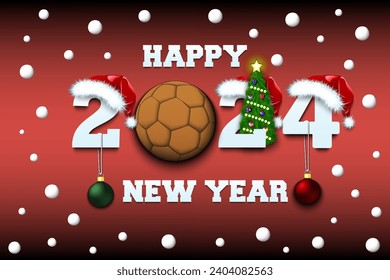 Happy new year. 2024 with handball ball. Numbers in Christmas hats with Christmas tree balls. Original template design for greeting card. Vector illustration on isolated background