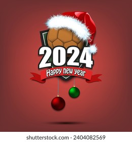 Happy new year 2024. handball logo template design. Handball ball in santa hat. Design pattern for greeting card, banner, poster. Vector illustration on isolated background