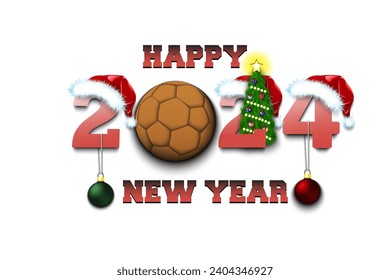 Happy new year. 2024 with handball ball. Numbers in Christmas hats with Christmas tree balls. Original template design for greeting card. Vector illustration on isolated background