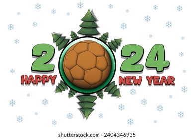 Happy new year. 2024 with handball ball and Christmas trees. Original template design for greeting card, banner, poster. Vector illustration on isolated background