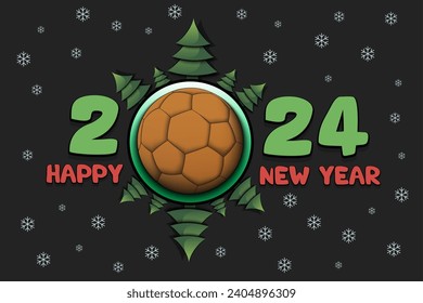 Happy new year. 2024 with handball ball and Christmas trees. Original template design for greeting card, banner, poster. Vector illustration on isolated background