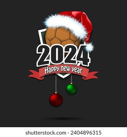 Happy new year 2024. handball logo template design. Handball ball in santa hat. Design pattern for greeting card, banner, poster. Vector illustration on isolated background