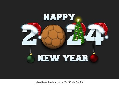 Happy new year. 2024 with handball ball. Numbers in Christmas hats with Christmas tree balls. Original template design for greeting card. Vector illustration on isolated background